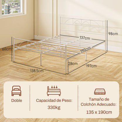 Double Bed 135x190 cm Bed Frame with Headboard Steel Slats and Storage Space Underneath Load 330 kg White