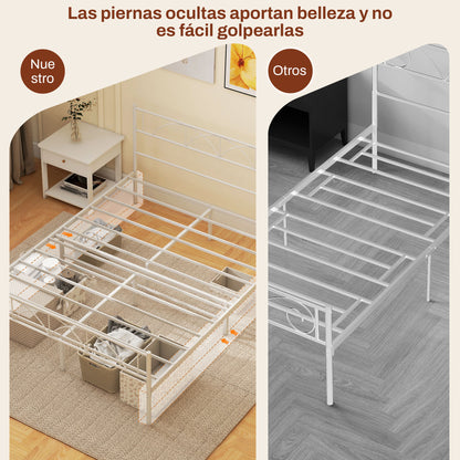 Double Bed 135x190 cm Bed Frame with Headboard Steel Slats and Storage Space Underneath Load 330 kg White