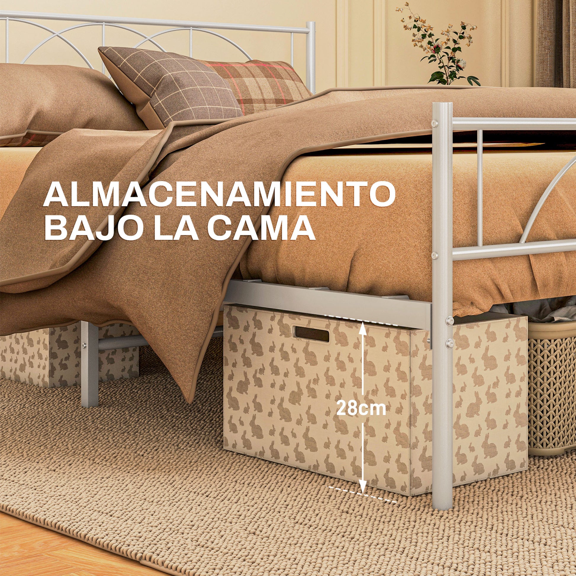 Double Bed 135x190 cm Bed Frame with Headboard Steel Slats and Storage Space Underneath Load 330 kg White