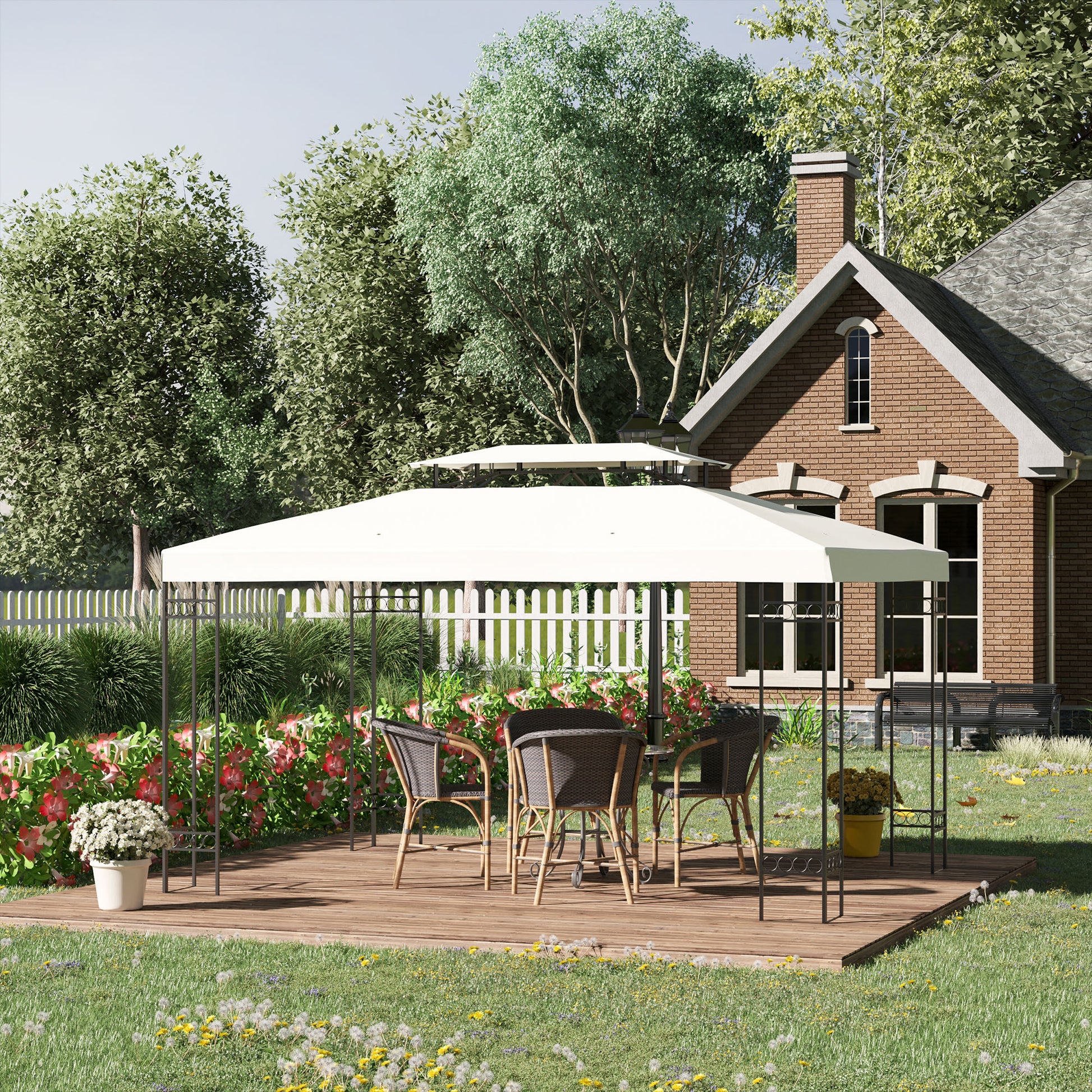 Replacement Canopy for Garden Gazebo 4x3m 2-Tier Breathable Roof Replacement Cover with 8 Drainage Holes for Outdoor Patio Beige