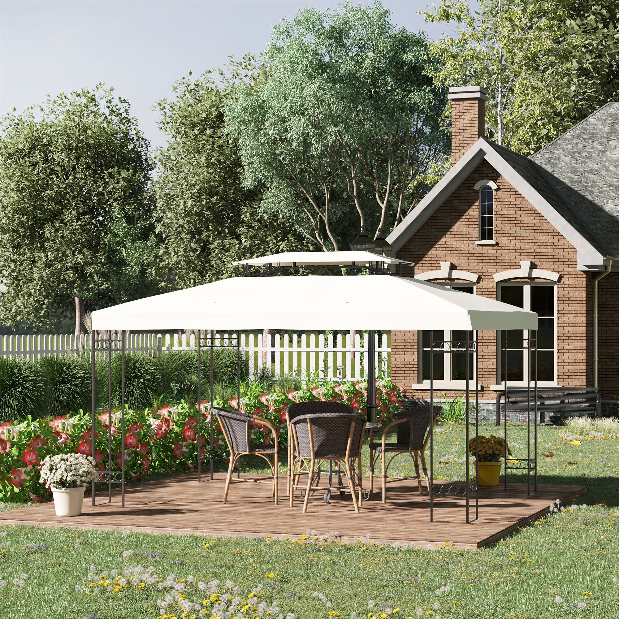 Replacement Canopy for Garden Gazebo 4x3m 2-Tier Breathable Roof Replacement Cover with 8 Drainage Holes for Outdoor Patio Beige