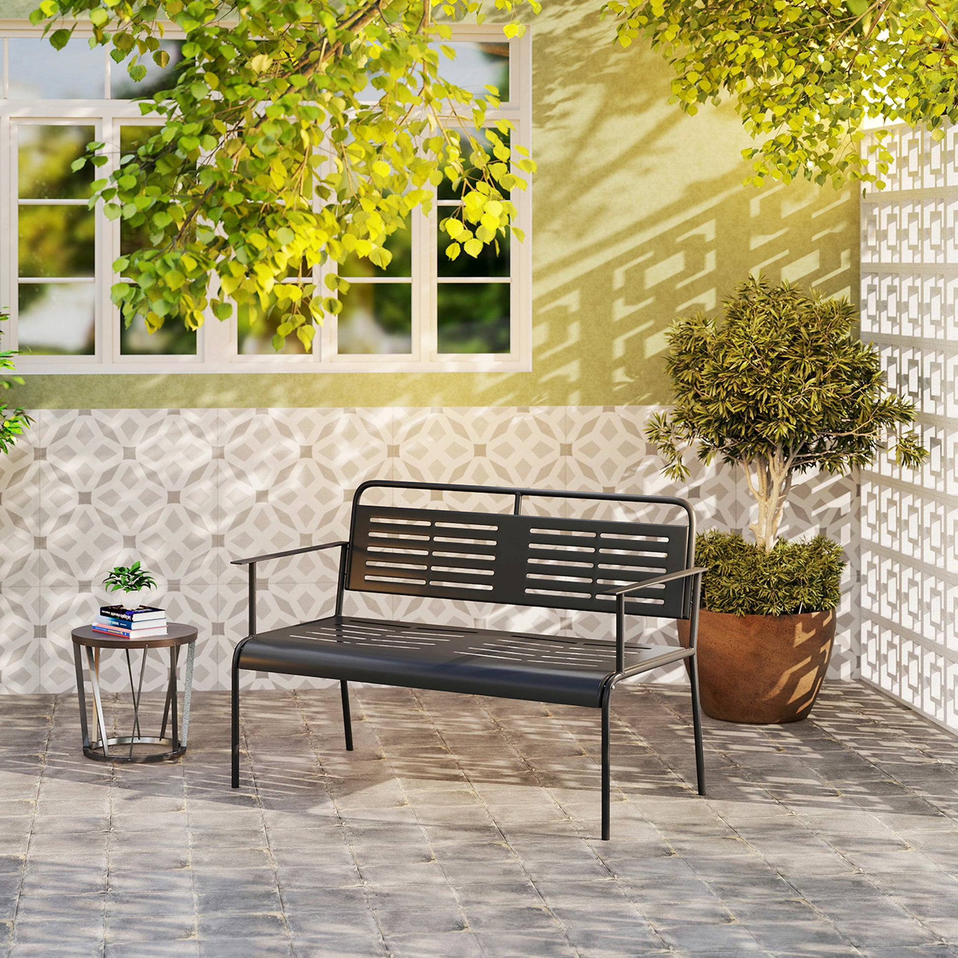 2-Seater Garden Bench, Bench with Slatted Design, Water-Resistant Garden Furniture with Backrest & Armrests, Park Bench 240kg Load Capacity, Balcony Bench for Terrace, Garden, 121 x 64 x 84cm, Black