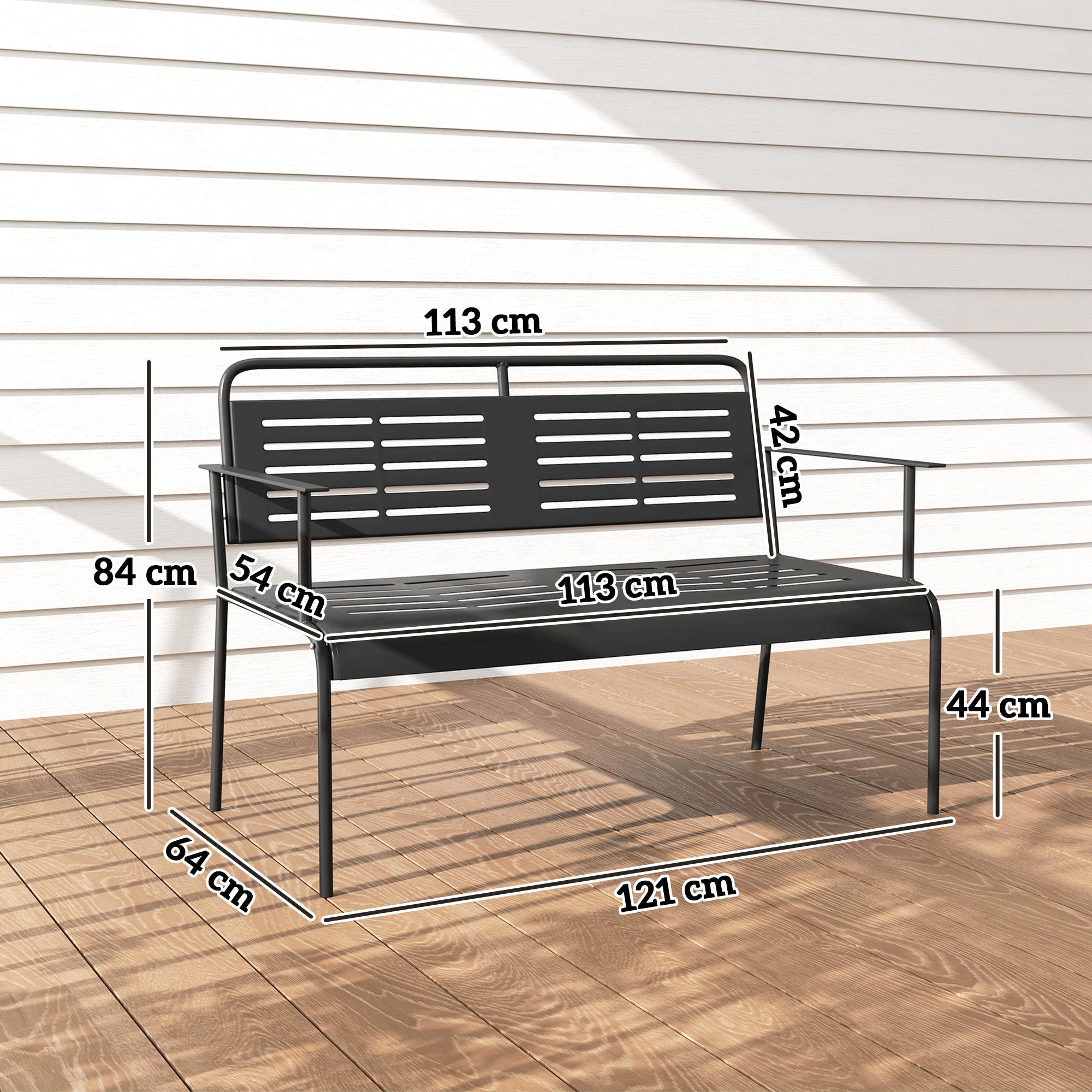 2-Seater Garden Bench, Bench with Slatted Design, Water-Resistant Garden Furniture with Backrest & Armrests, Park Bench 240kg Load Capacity, Balcony Bench for Terrace, Garden, 121 x 64 x 84cm, Black