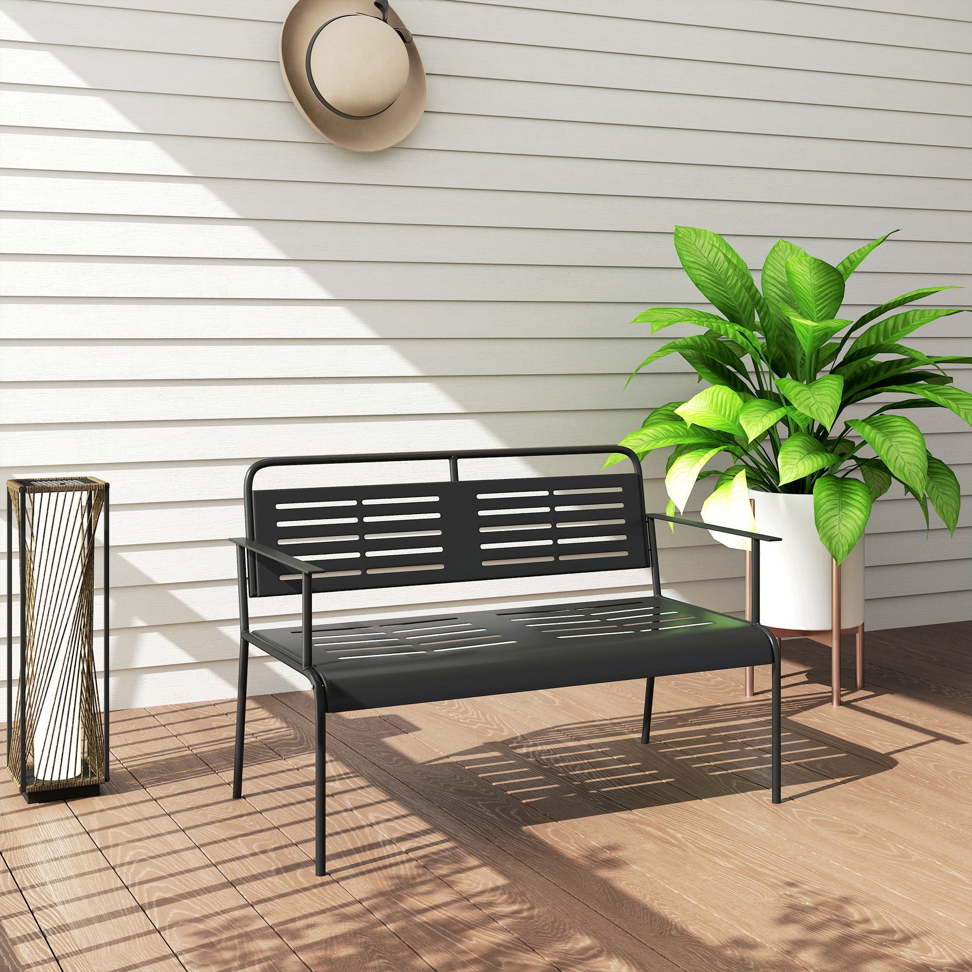 2-Seater Garden Bench, Bench with Slatted Design, Water-Resistant Garden Furniture with Backrest & Armrests, Park Bench 240kg Load Capacity, Balcony Bench for Terrace, Garden, 121 x 64 x 84cm, Black