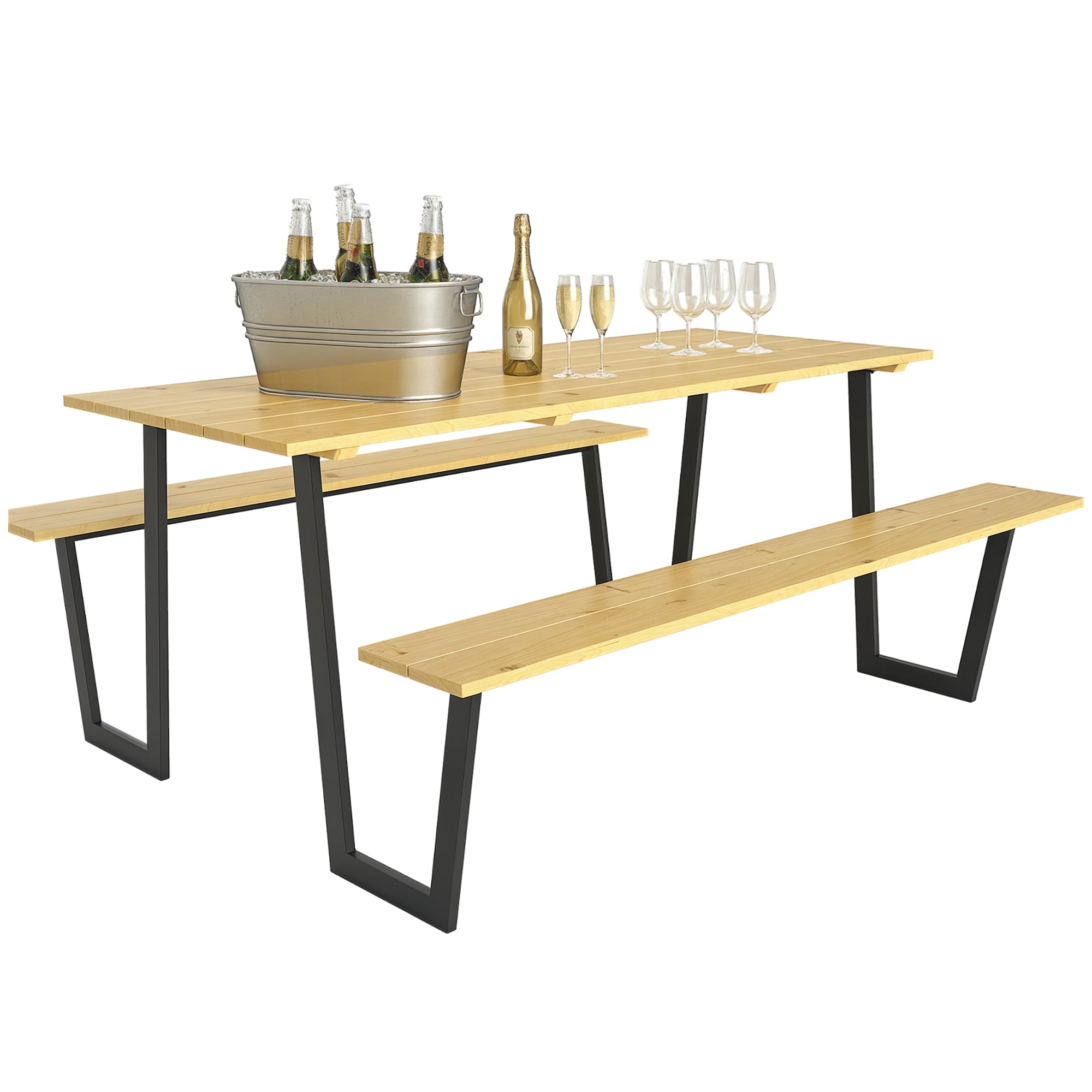 Wooden Beer Tent Set 3-Piece Party Tent Set with Umbrella Hole Beer Table 2 x Beer Bench Beer Table Set Seating Set Garden Furniture Set for Balcony, Camping, Garden 175 x 148 x 78 cm Natural Wood