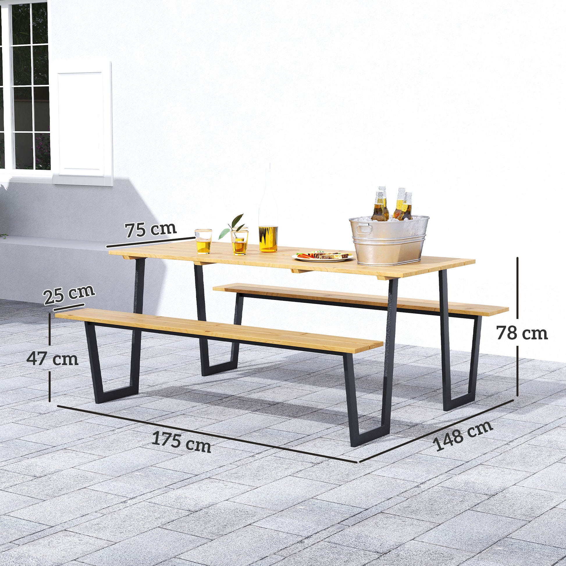 Wooden Beer Tent Set 3-Piece Party Tent Set with Umbrella Hole Beer Table 2 x Beer Bench Beer Table Set Seating Set Garden Furniture Set for Balcony, Camping, Garden 175 x 148 x 78 cm Natural Wood