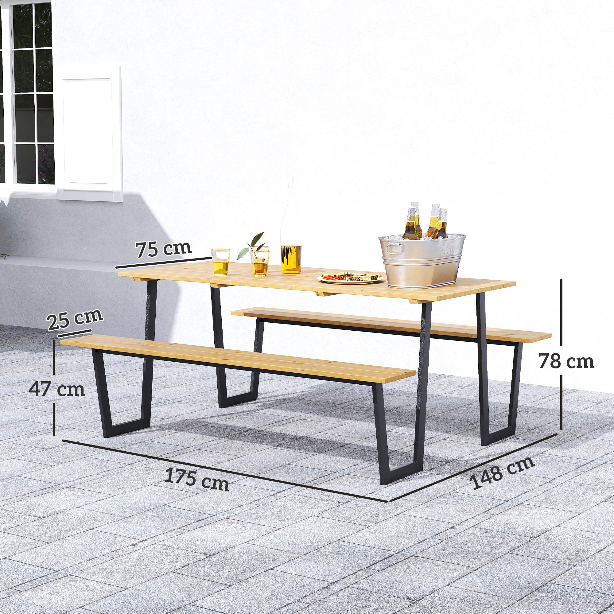 Wooden Beer Tent Set 3-Piece Party Tent Set with Umbrella Hole Beer Table 2 x Beer Bench Beer Table Set Seating Set Garden Furniture Set for Balcony, Camping, Garden 175 x 148 x 78 cm Natural Wood