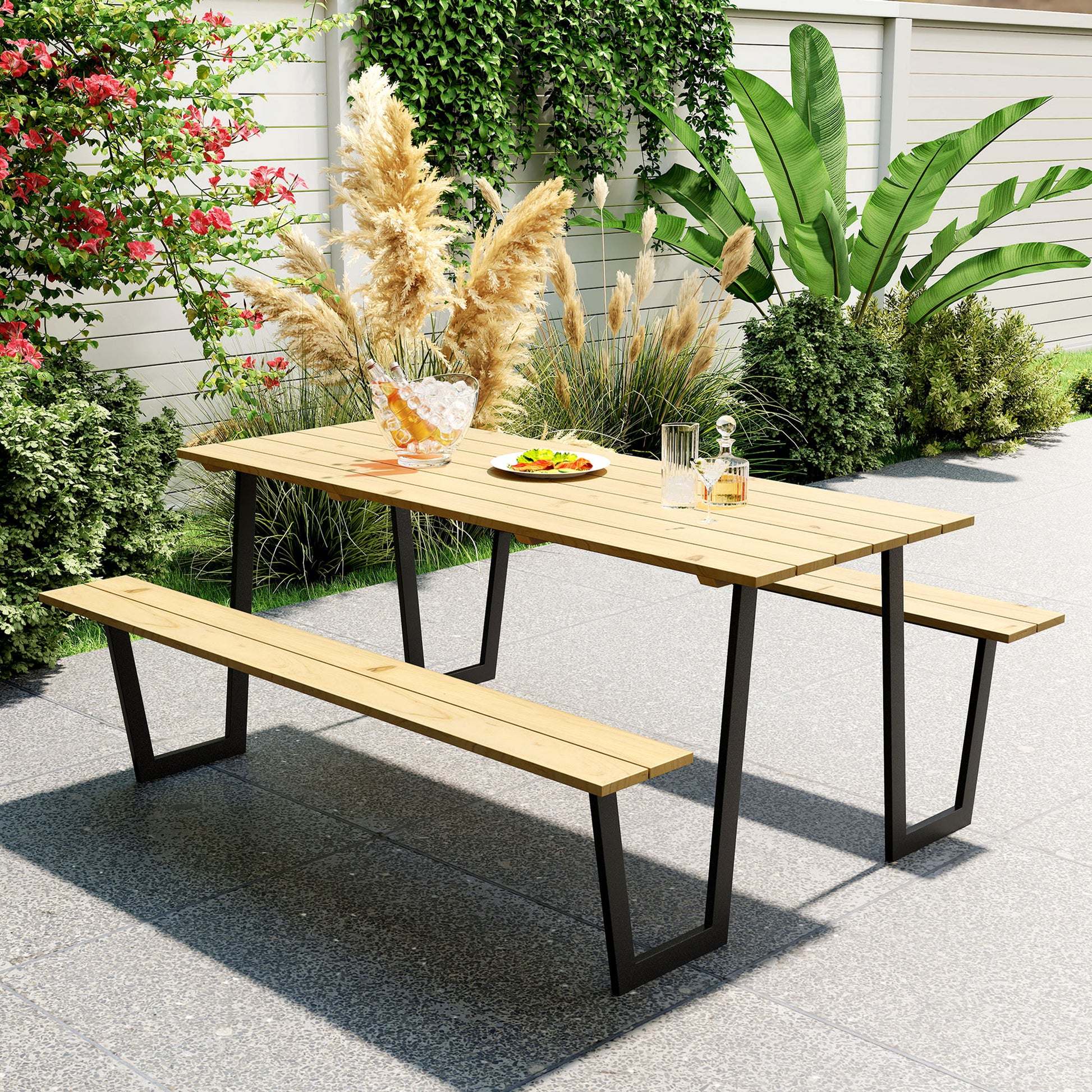 Wooden Beer Tent Set 3-Piece Party Tent Set with Umbrella Hole Beer Table 2 x Beer Bench Beer Table Set Seating Set Garden Furniture Set for Balcony, Camping, Garden 175 x 148 x 78 cm Natural Wood
