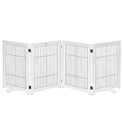 Folding Dog Safety Barrier 104x30.3 inches 4-Panel Wooden Gate with Feet and Frame for Doors Stairs Hallways White