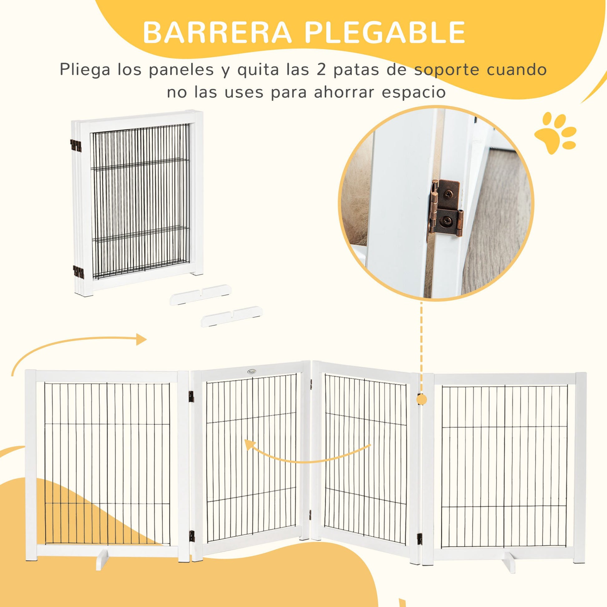 Folding Dog Safety Barrier 104x30.3 inches 4-Panel Wooden Gate with Feet and Frame for Doors Stairs Hallways White