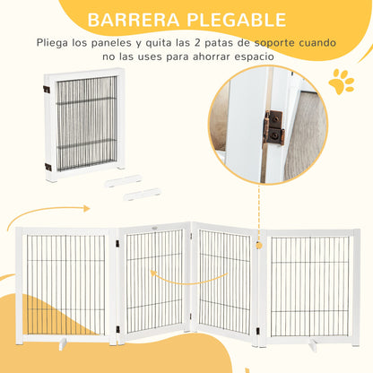 Folding Dog Safety Barrier 104x30.3 inches 4-Panel Wooden Gate with Feet and Frame for Doors Stairs Hallways White