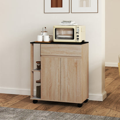 Kitchen Service Trolley with Wheels Multi-storage Double Door Cabinet + 2 Shelves + Drawer Particle Board Oak Black