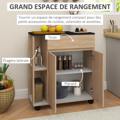 Kitchen Service Trolley with Wheels Multi-storage Double Door Cabinet + 2 Shelves + Drawer Particle Board Oak Black