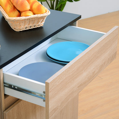 Kitchen Service Trolley with Wheels Multi-storage Double Door Cabinet + 2 Shelves + Drawer Particle Board Oak Black