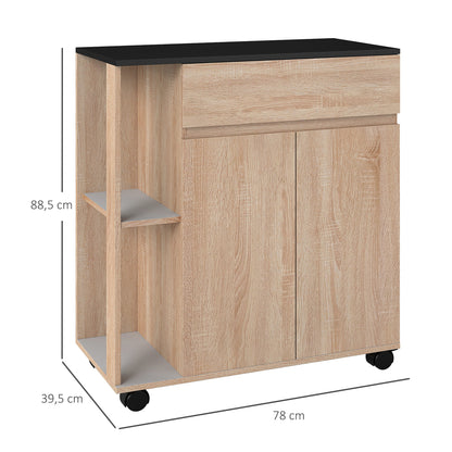 Kitchen Service Trolley with Wheels Multi-storage Double Door Cabinet + 2 Shelves + Drawer Particle Board Oak Black