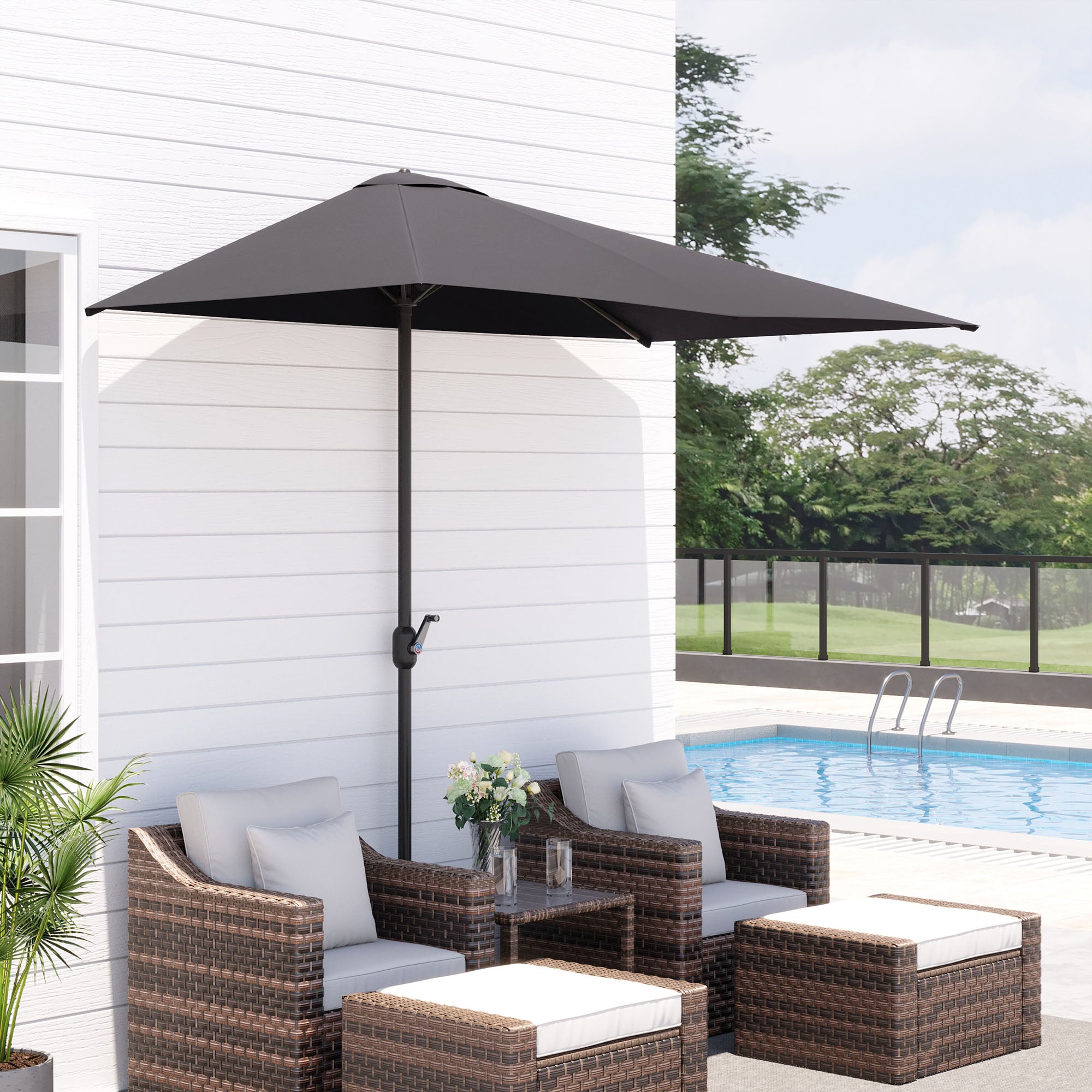 Rectangular Umbrella 90.55"L x 51.18"W x 96.45"H Wall Parasol Half Umbrella with Crank UV Protection 30+ Waterproof Umbrella for Balcony Terrace Garden Gray