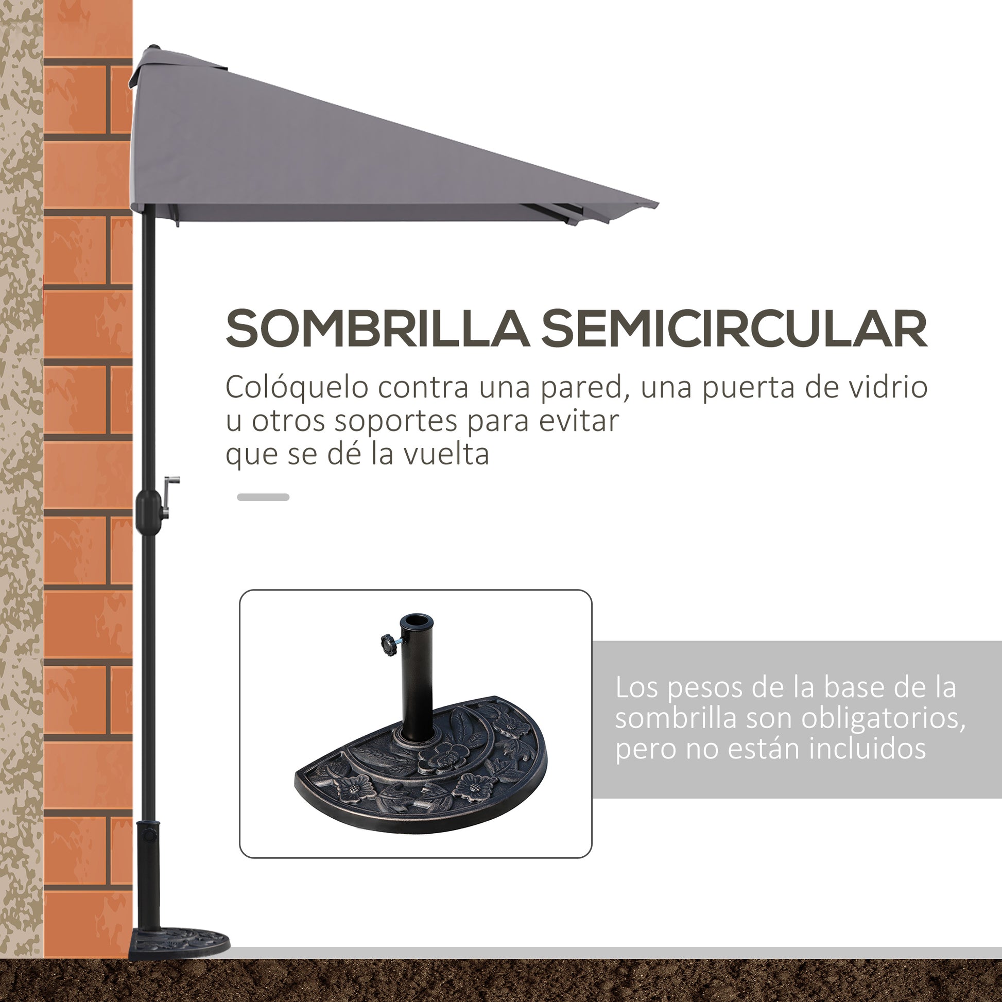Rectangular Umbrella 90.55"L x 51.18"W x 96.45"H Wall Parasol Half Umbrella with Crank UV Protection 30+ Waterproof Umbrella for Balcony Terrace Garden Gray