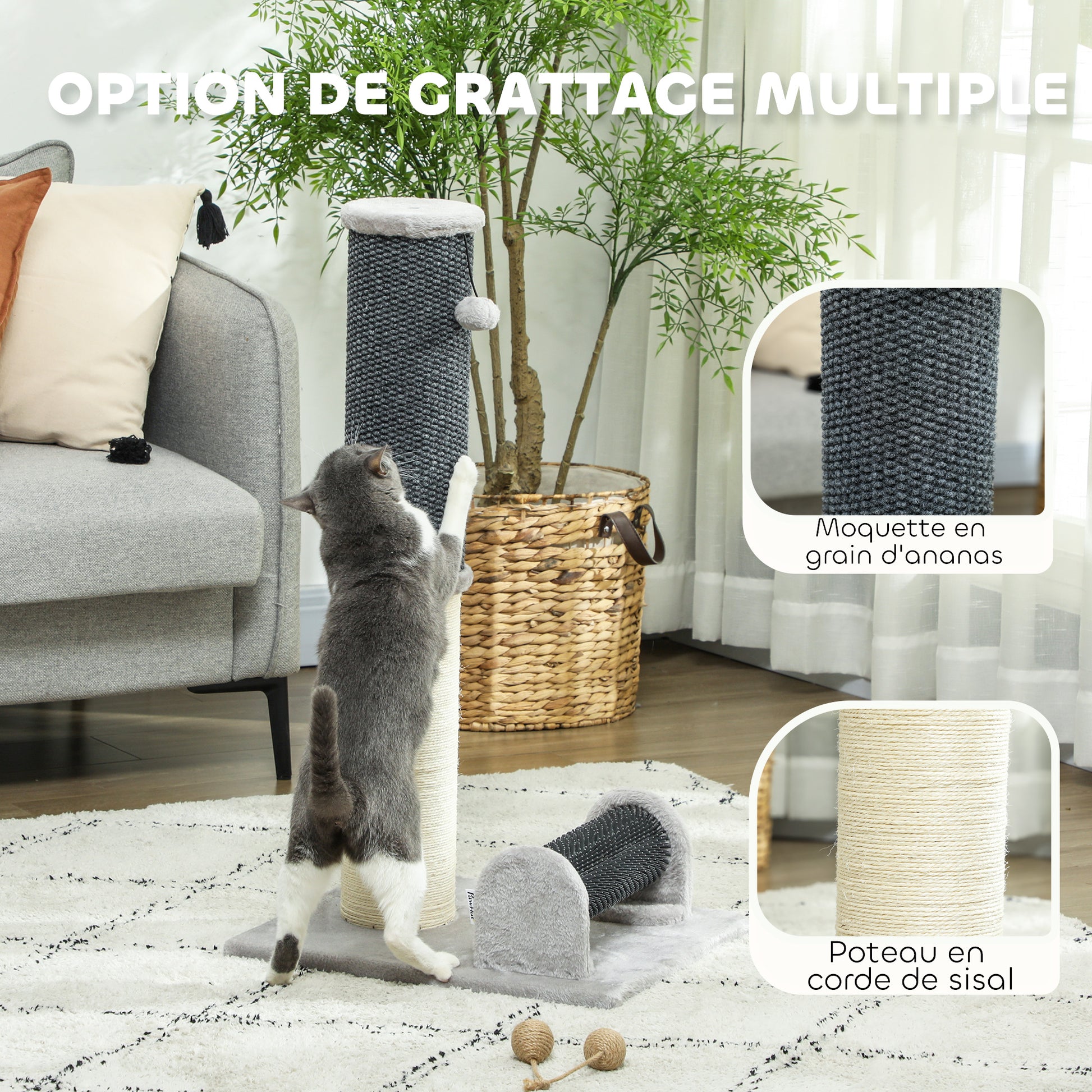 86 cm Cat Scratching Post, 3-in-1 Cat Scratcher Post with Large Base, Pineapple Pattern Carpet, Grooming Brush, and Play Ball, for Indoor, Light Gray