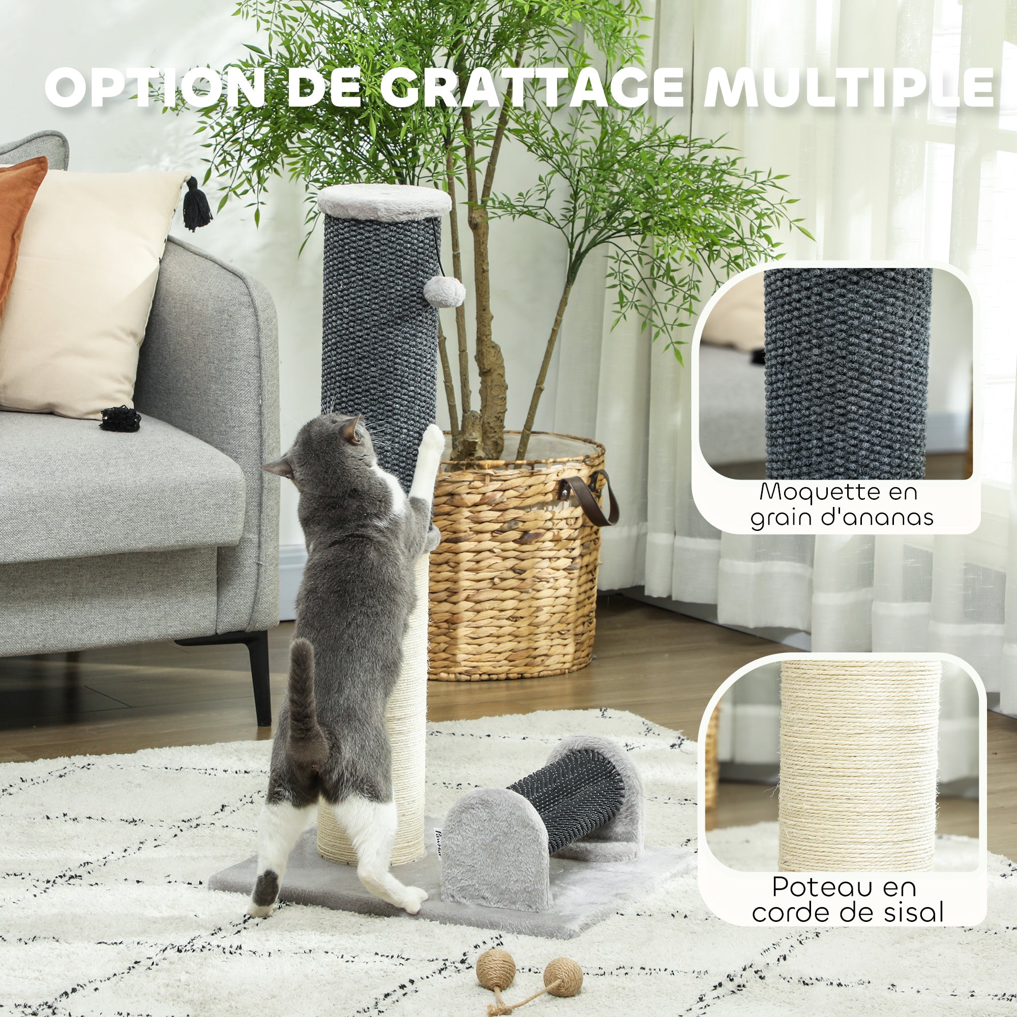 86 cm Cat Scratching Post, 3-in-1 Cat Scratcher Post with Large Base, Pineapple Pattern Carpet, Grooming Brush, and Play Ball, for Indoor, Light Gray