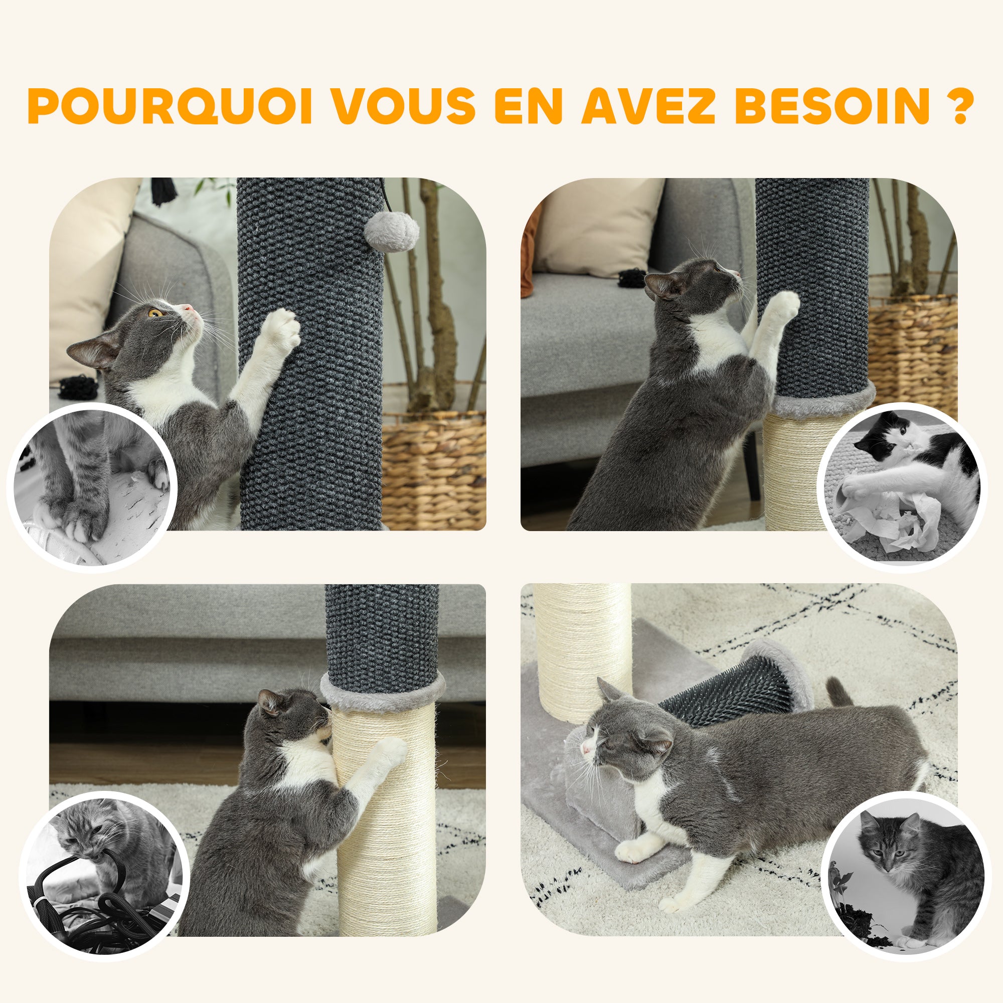 86 cm Cat Scratching Post, 3-in-1 Cat Scratcher Post with Large Base, Pineapple Pattern Carpet, Grooming Brush, and Play Ball, for Indoor, Light Gray