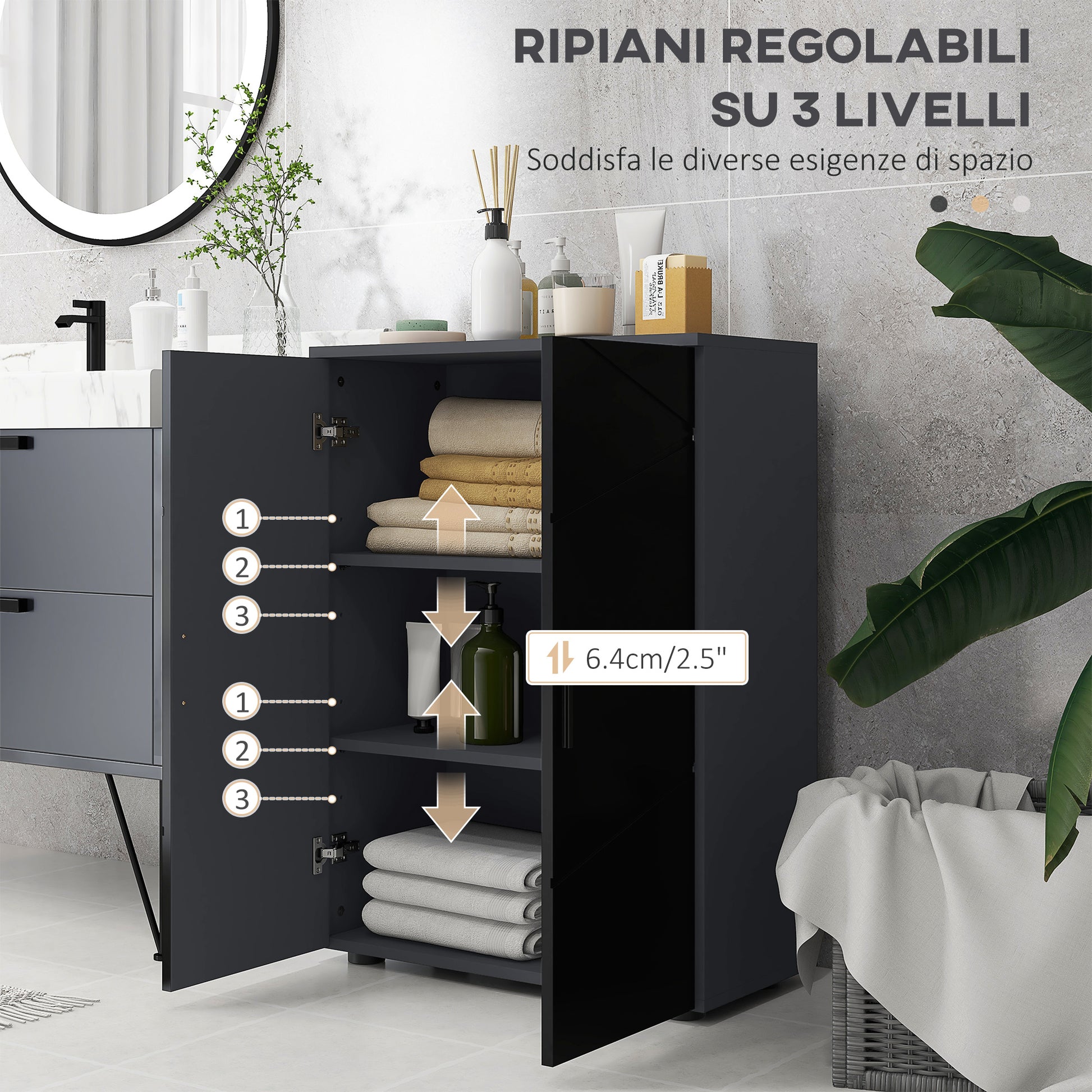 Space-saving 2-Door Wooden Bathroom Cabinet with Soft Close and 3 Shelves, 60x30x82cm, Black