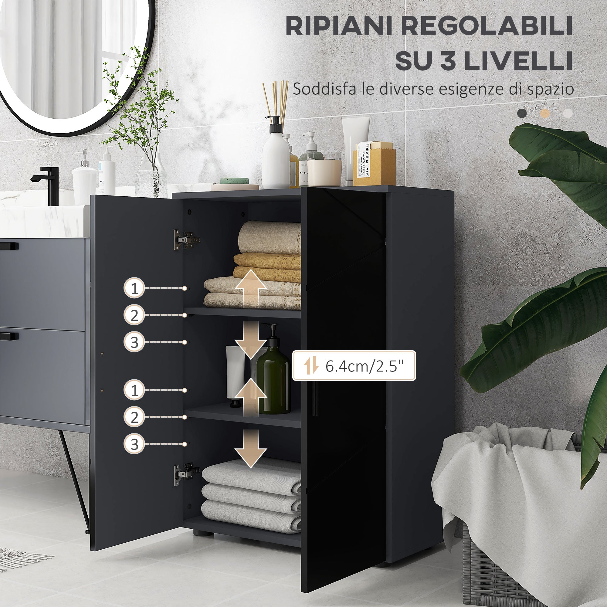 Space-saving 2-Door Wooden Bathroom Cabinet with Soft Close and 3 Shelves, 60x30x82cm, Black