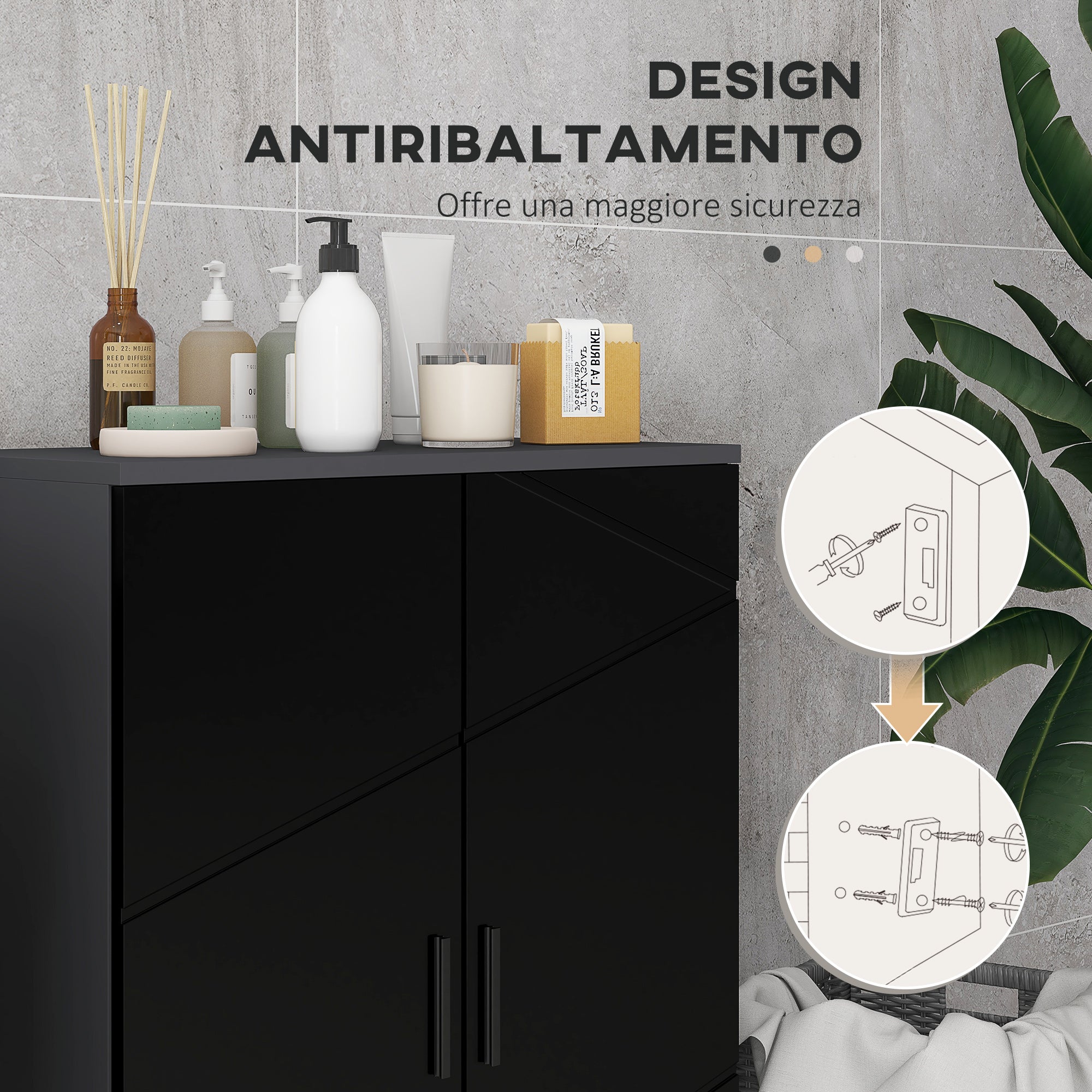 Space-saving 2-Door Wooden Bathroom Cabinet with Soft Close and 3 Shelves, 60x30x82cm, Black