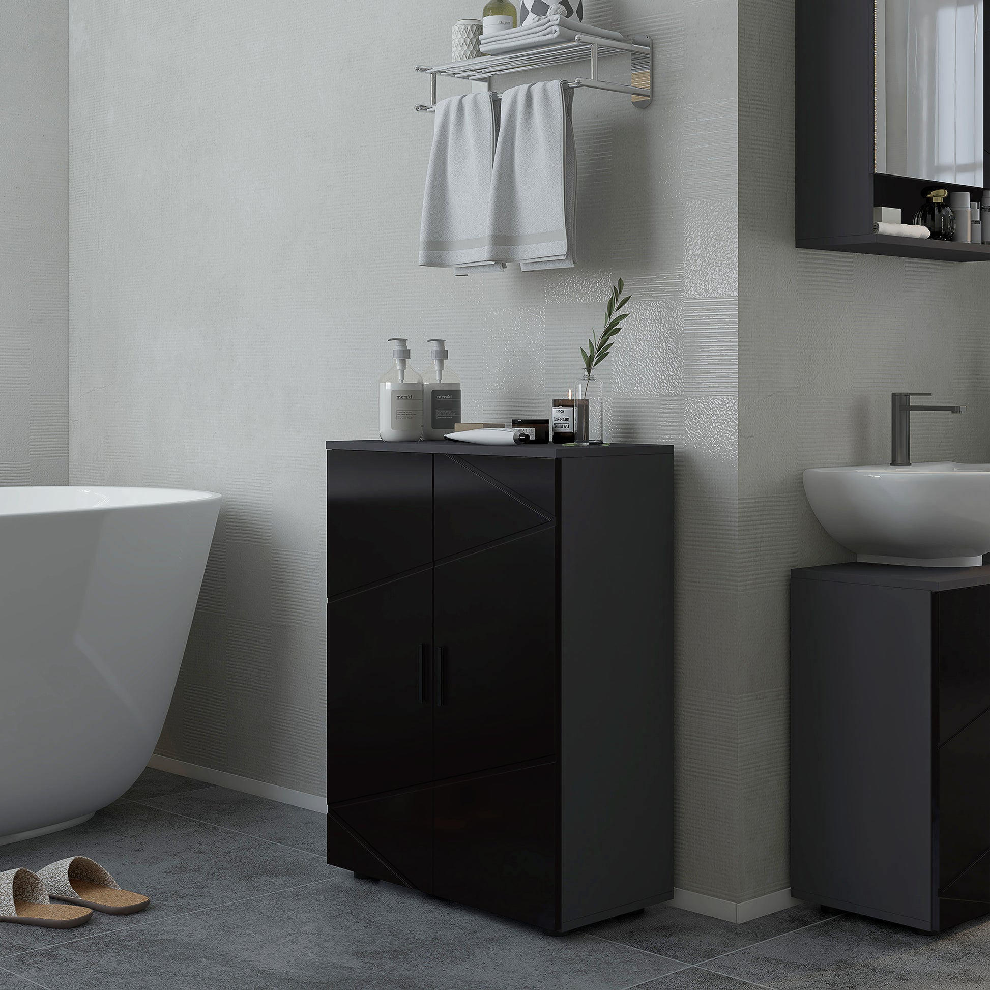 Space-saving 2-Door Wooden Bathroom Cabinet with Soft Close and 3 Shelves, 60x30x82cm, Black