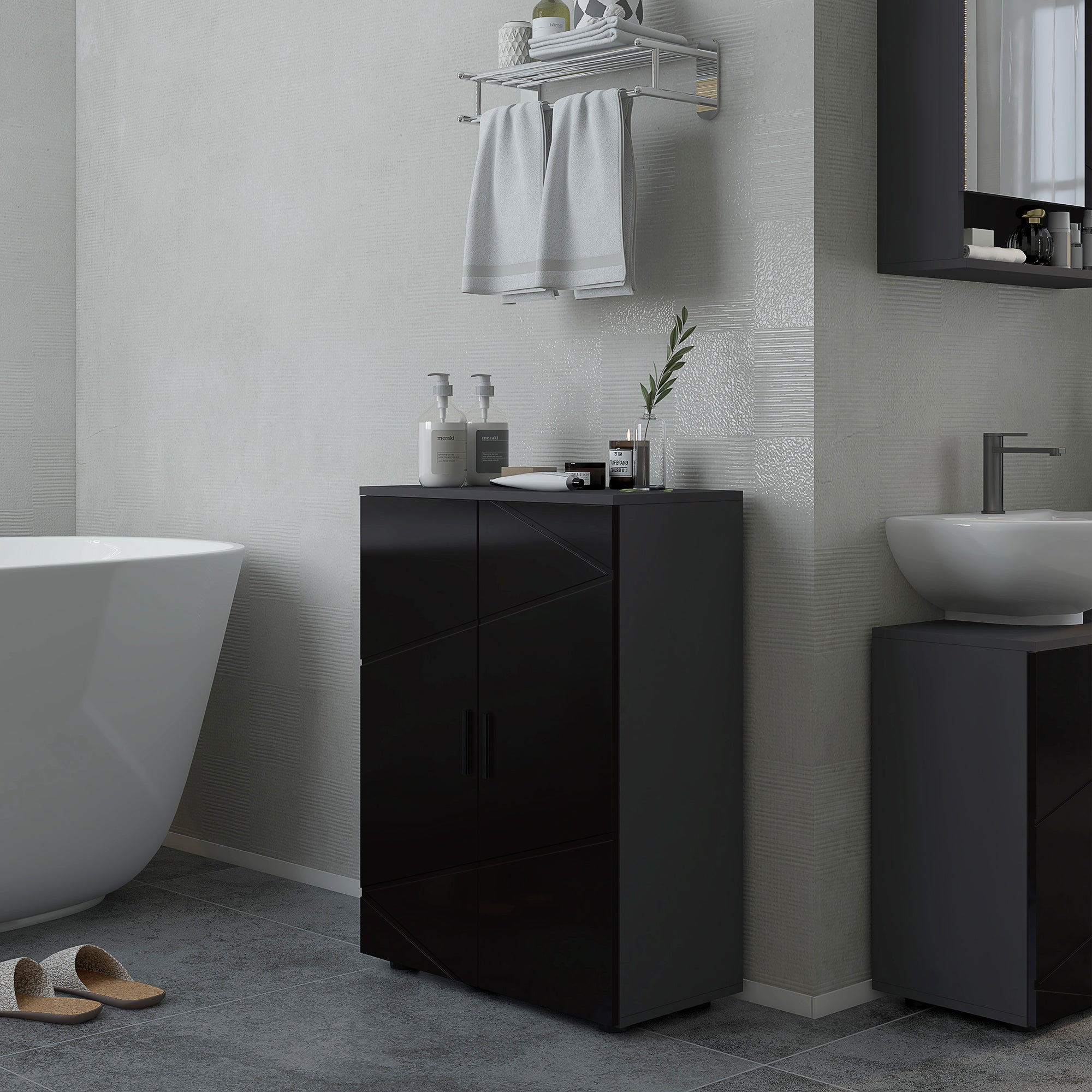 Space-saving 2-Door Wooden Bathroom Cabinet with Soft Close and 3 Shelves, 60x30x82cm, Black