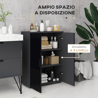 Space-saving 2-Door Wooden Bathroom Cabinet with Soft Close and 3 Shelves, 60x30x82cm, Black