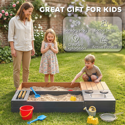 2-Piece Wooden Sandbox 59.1 x 35.4 in with Bench, Storage, Play Stove & Removable Sink, Abacus Beads – Ages 3–8, Yellow
