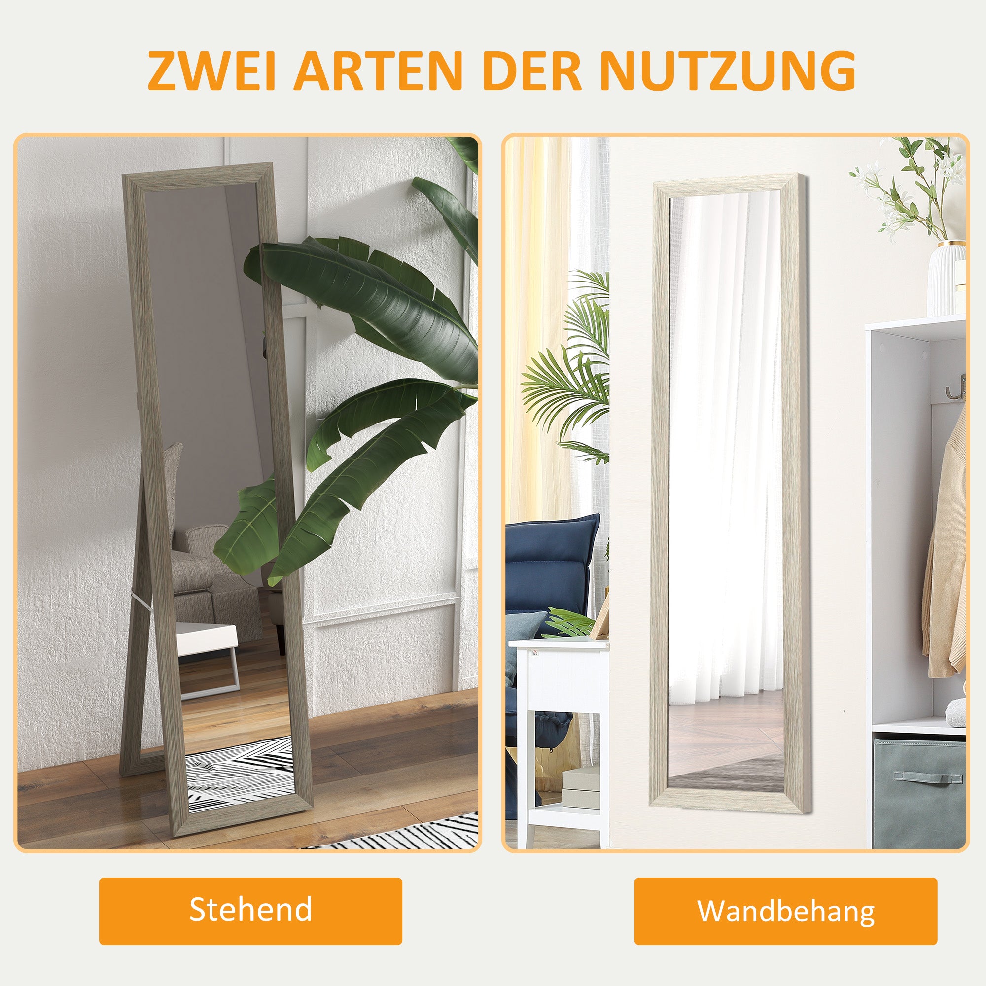 Full-Length Mirror, 37 x 157 cm (14.6 x 61.8 in) — Wall-Mountable or Freestanding Rectangular Framed Mirror for Living Room, Bedroom or Hallway, Gray