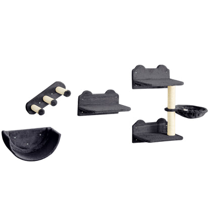 Wall-Mounted Cat Climbing Shelf Cat Shelves 4 Pieces with Hammock Nest Scratcher Jumping Platforms and Sisal Post Dark Gray