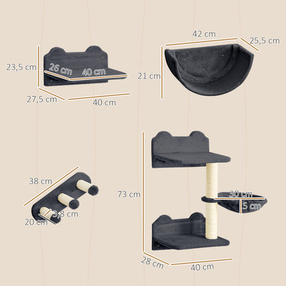 Wall-Mounted Cat Climbing Shelf Cat Shelves 4 Pieces with Hammock Nest Scratcher Jumping Platforms and Sisal Post Dark Gray