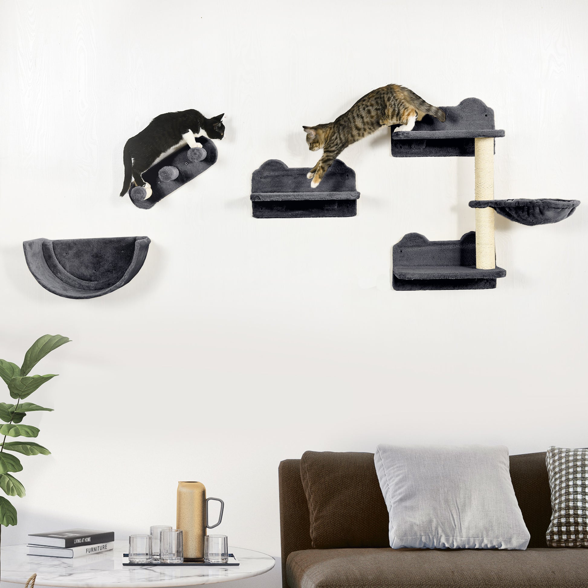 Wall-Mounted Cat Climbing Shelf Cat Shelves 4 Pieces with Hammock Nest Scratcher Jumping Platforms and Sisal Post Dark Gray