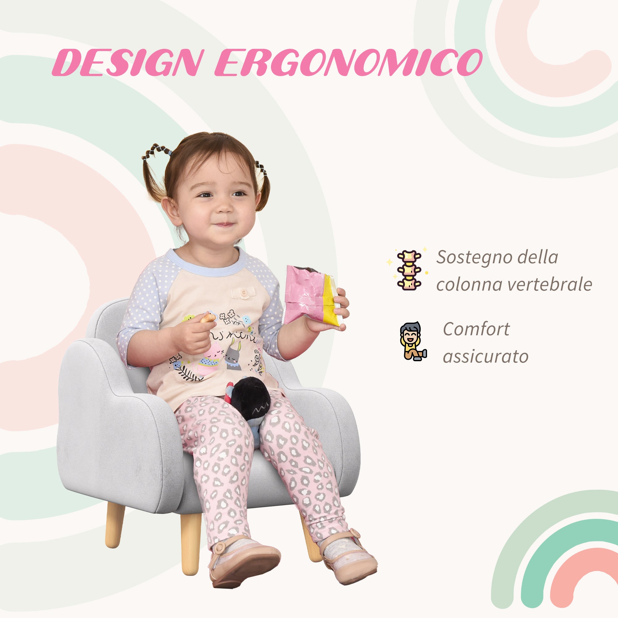 ZONEKIZ Scandinavian Style Children's Armchair with Cloud-Shaped Arms, Children's Armchair up to 3 Years in Fabric, 46x51x55cm, Grey