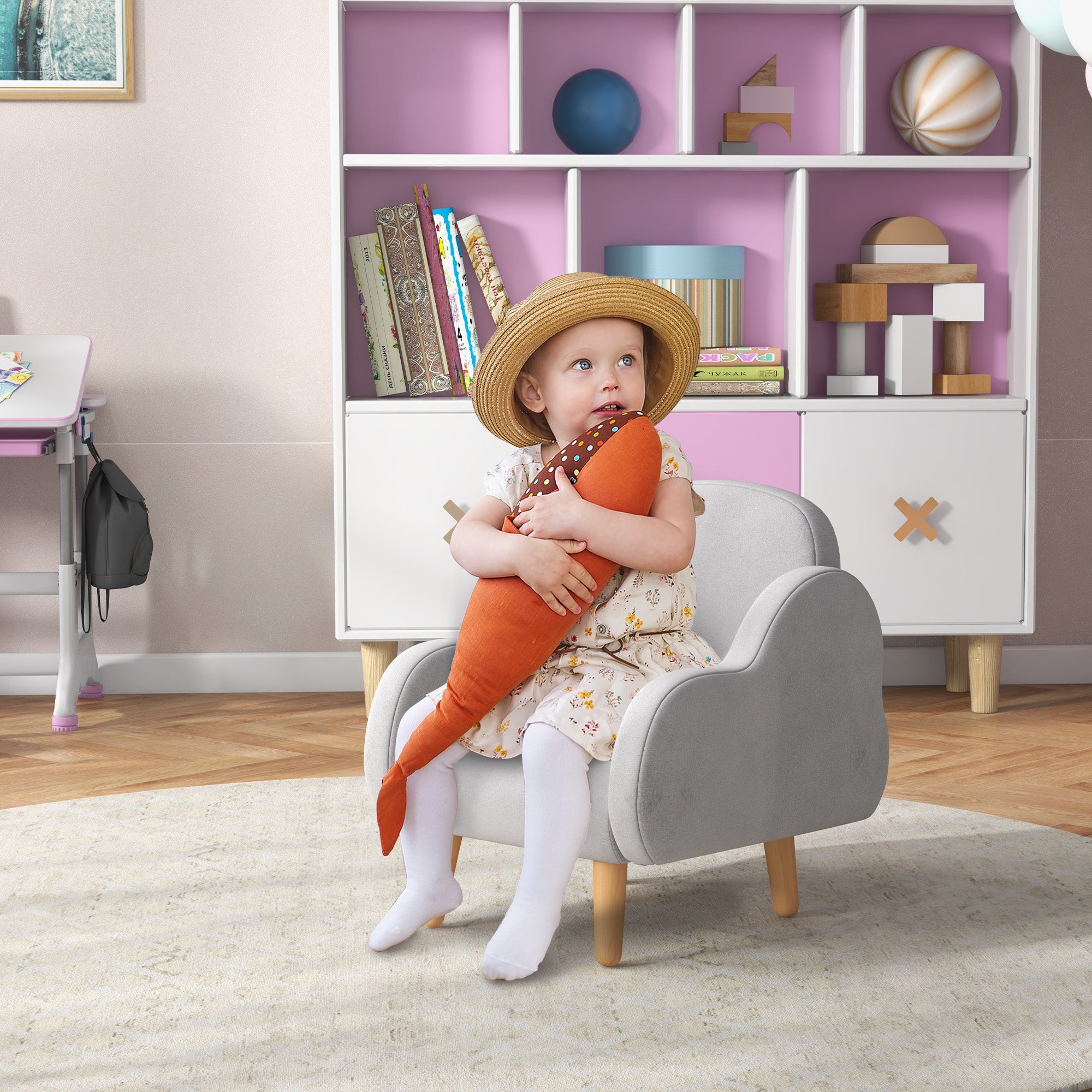 ZONEKIZ Scandinavian Style Children's Armchair with Cloud-Shaped Arms, Children's Armchair up to 3 Years in Fabric, 46x51x55cm, Grey
