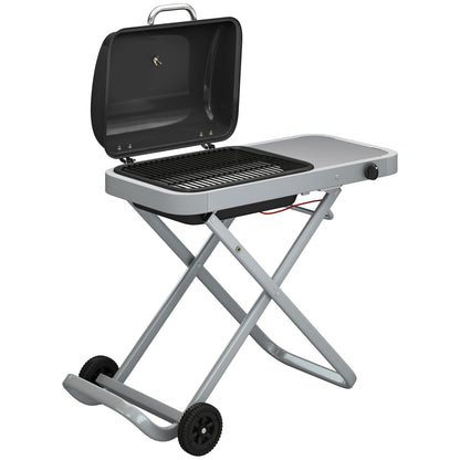 Portable 1-Burner 2.5 kW Folding Gas Grill with Cart, Side Shelf, Lid Thermometer & Drip Tray — Tabletop Outdoor Grill for BBQ, Camping & Garden