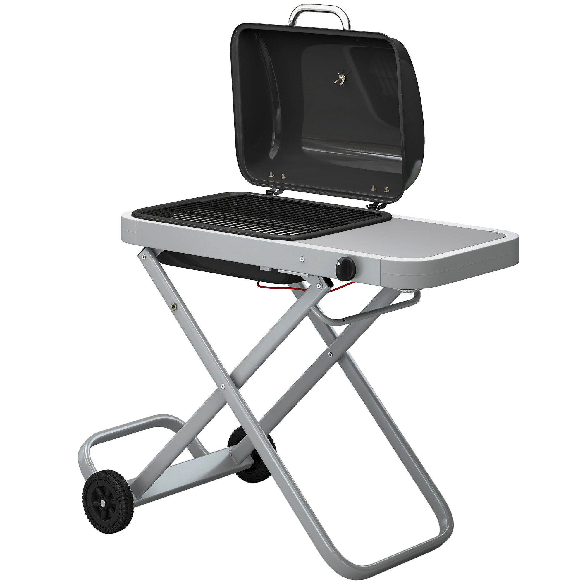 Portable 1-Burner 2.5 kW Folding Gas Grill with Cart, Side Shelf, Lid Thermometer & Drip Tray — Tabletop Outdoor Grill for BBQ, Camping & Garden