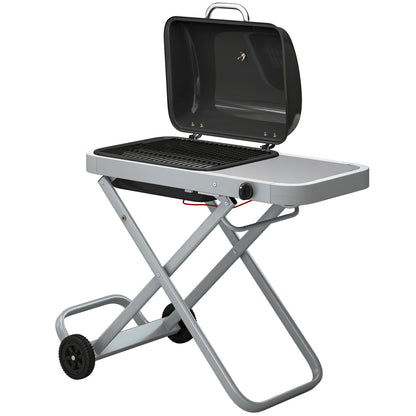 Portable 1-Burner 2.5 kW Folding Gas Grill with Cart, Side Shelf, Lid Thermometer & Drip Tray — Tabletop Outdoor Grill for BBQ, Camping & Garden