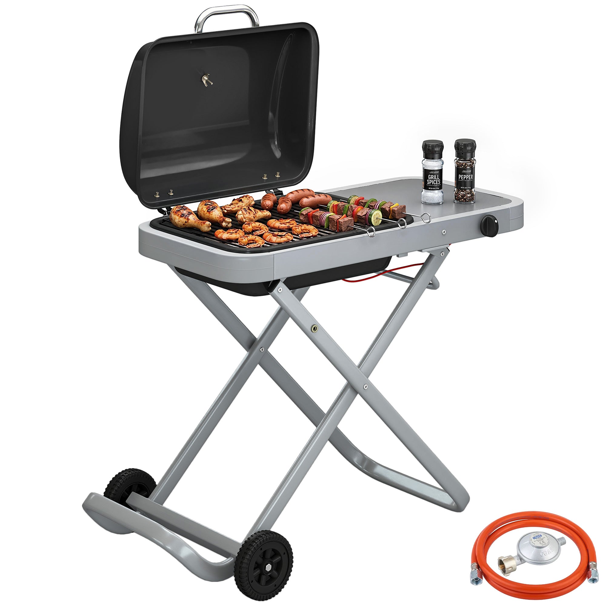 Portable 1-Burner 2.5 kW Folding Gas Grill with Cart, Side Shelf, Lid Thermometer & Drip Tray — Tabletop Outdoor Grill for BBQ, Camping & Garden