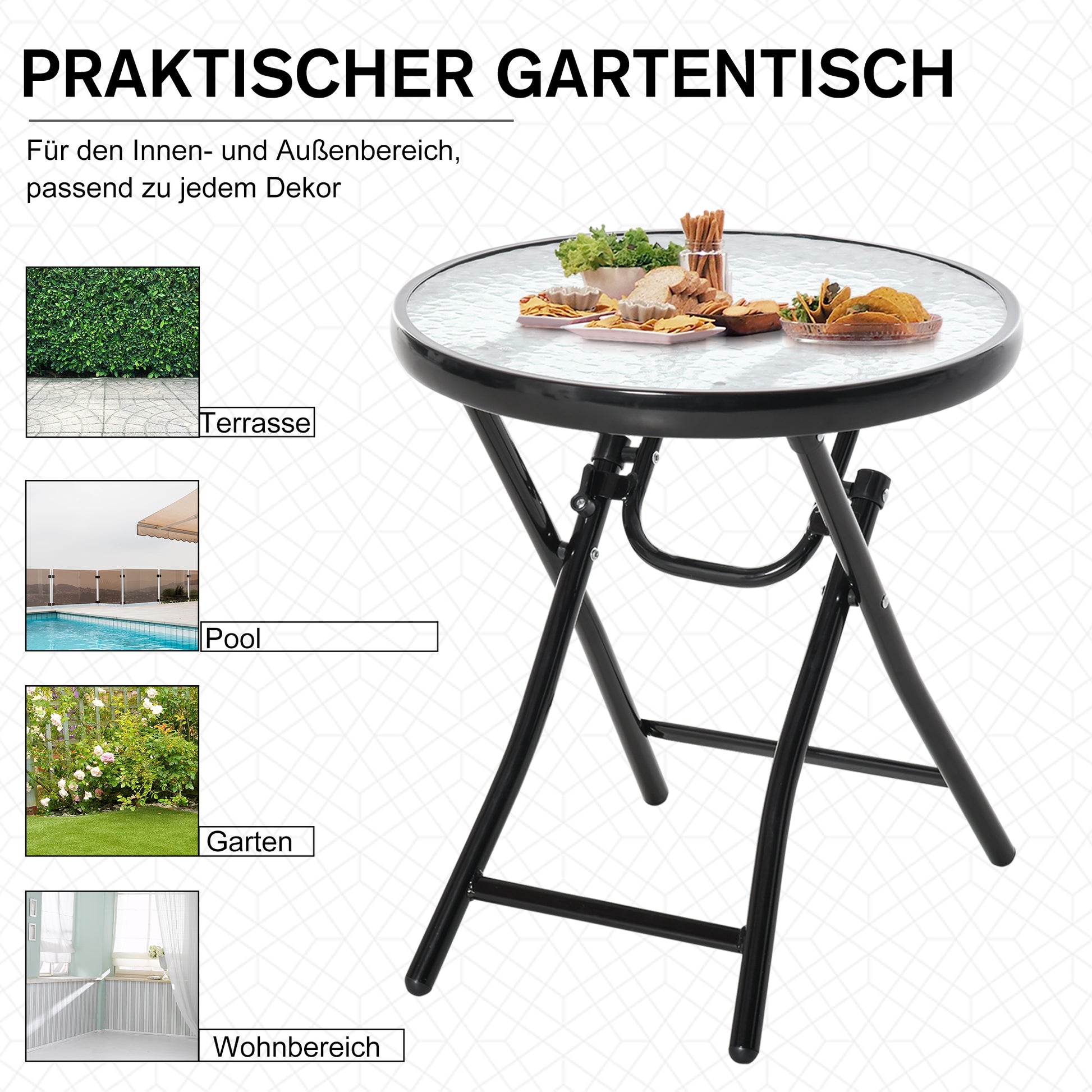 Folding Garden Table Ø45cm, Weatherproof Metal Balcony Table, Folding Table with Water Ripple Pattern, Outdoor Dining Table, Round Side Table for Garden Balcony Black