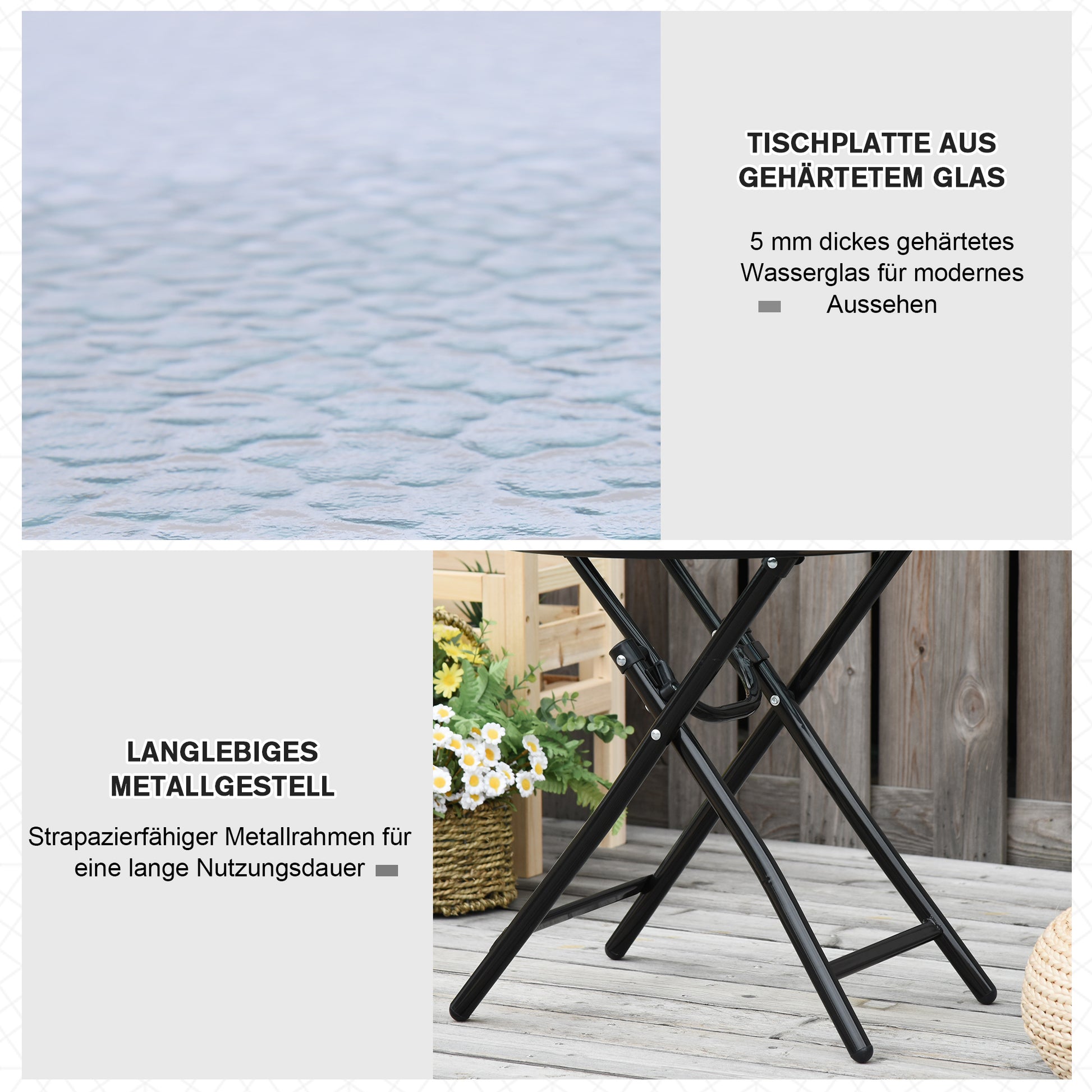Folding Garden Table Ø45cm, Weatherproof Metal Balcony Table, Folding Table with Water Ripple Pattern, Outdoor Dining Table, Round Side Table for Garden Balcony Black
