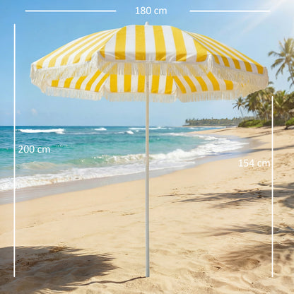 Boho Fringe Beach Umbrella, 71" Canopy, Adjustable Height & 30° Tilt, Sand Anchor and Carry Bag — Yellow & White