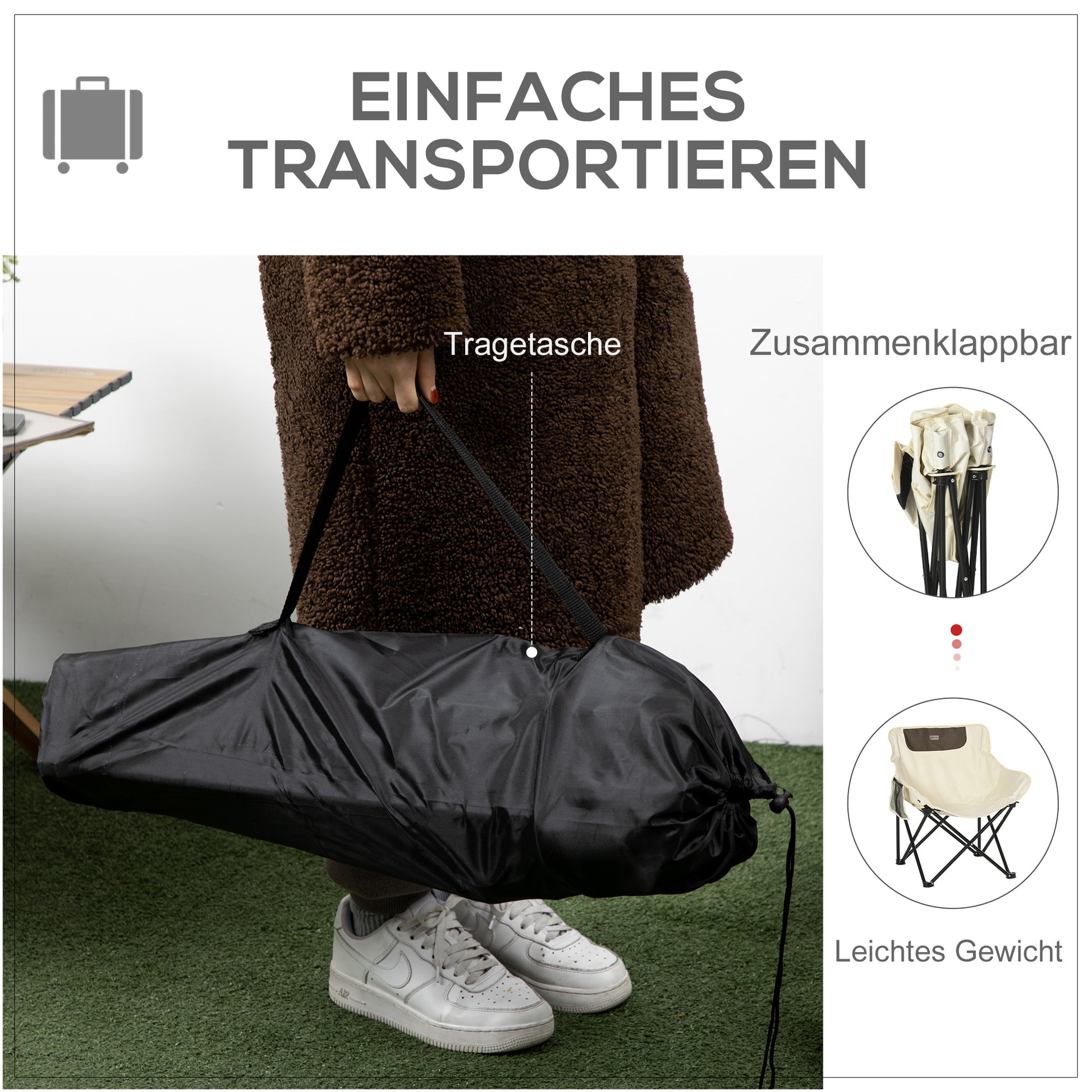 Camping Chair Foldable Garden Chair with Side Pocket, Steel Legs, Folding Chair with Carry Bag for Pool, Beach, Oxford, White