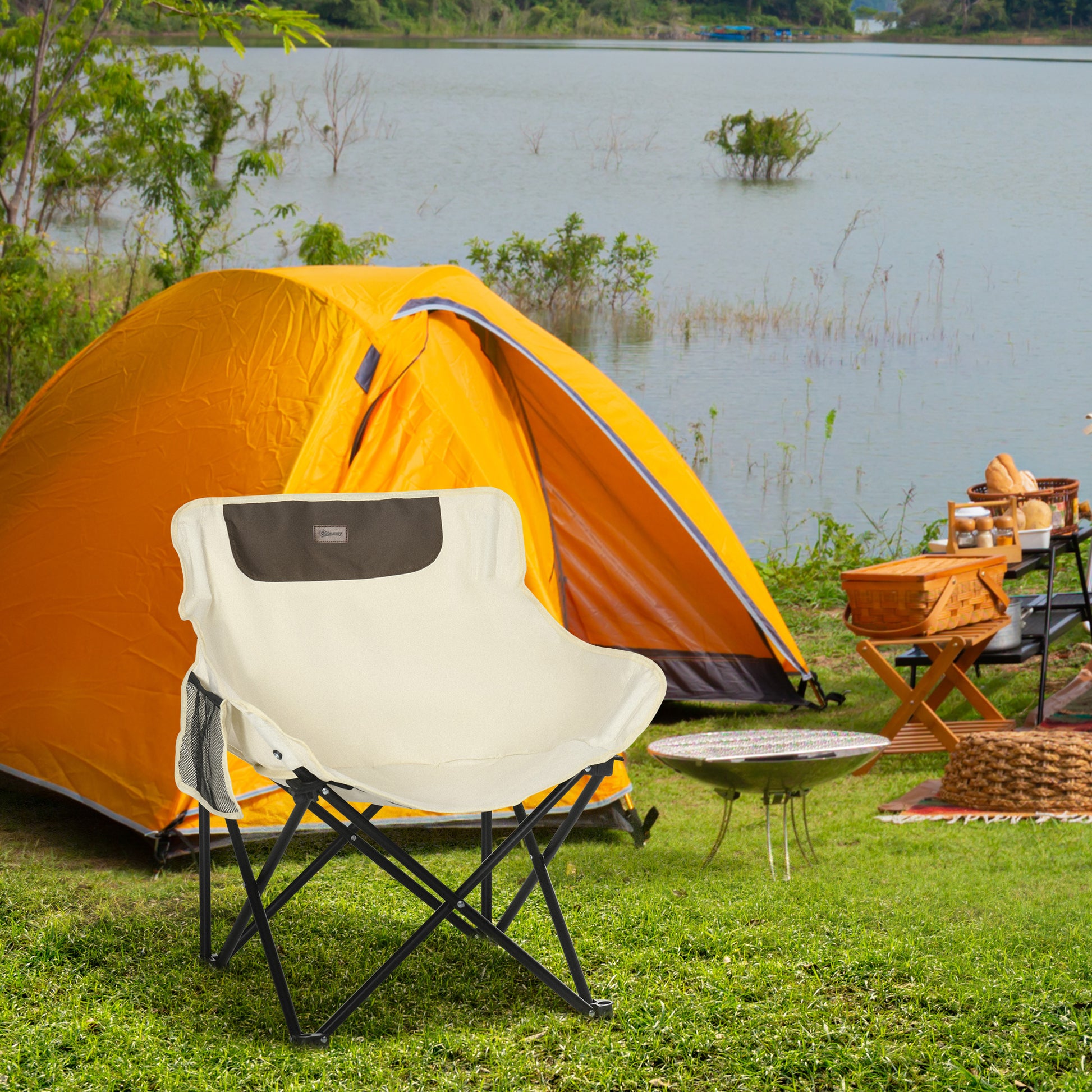 Camping Chair Foldable Garden Chair with Side Pocket, Steel Legs, Folding Chair with Carry Bag for Pool, Beach, Oxford, White
