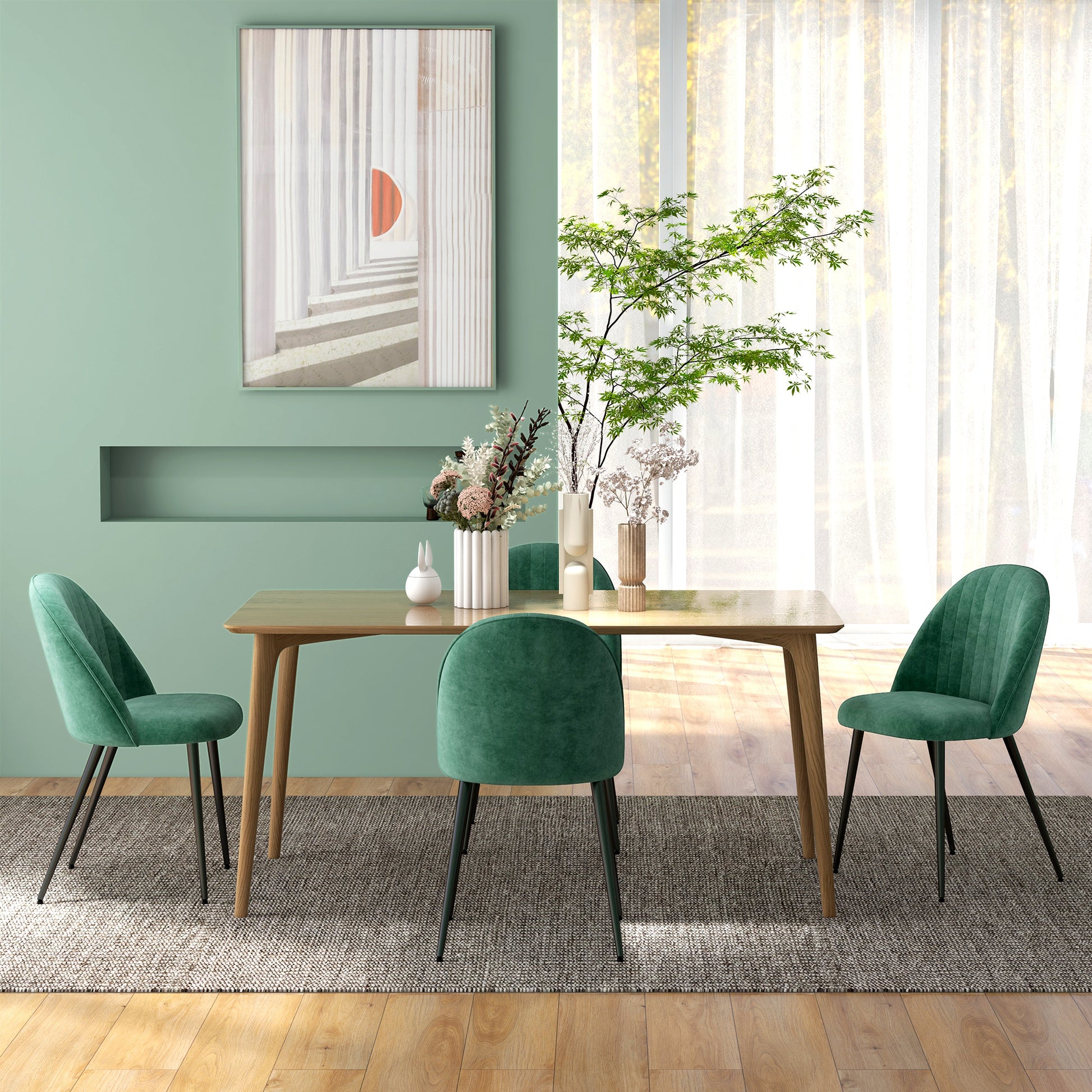 Set of 4 Modern Upholstered Chairs with Curved Backrest, Dining Chairs in Velvet Effect Fabric and Steel, 50x52x83 cm, Green