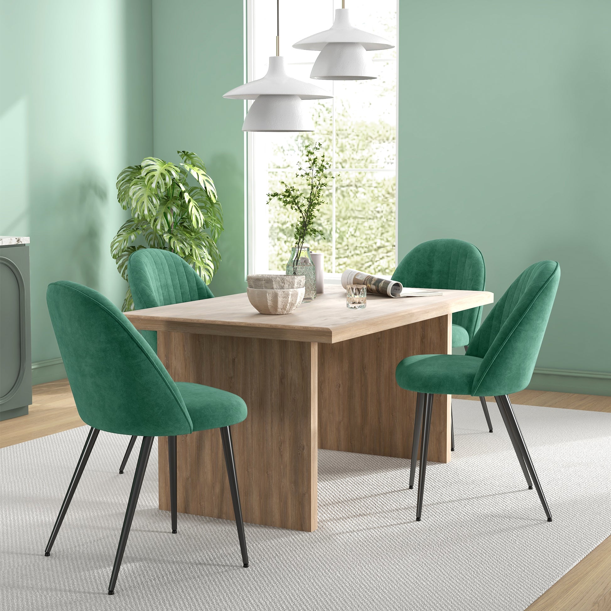 Set of 4 Modern Upholstered Chairs with Curved Backrest, Dining Chairs in Velvet Effect Fabric and Steel, 50x52x83 cm, Green