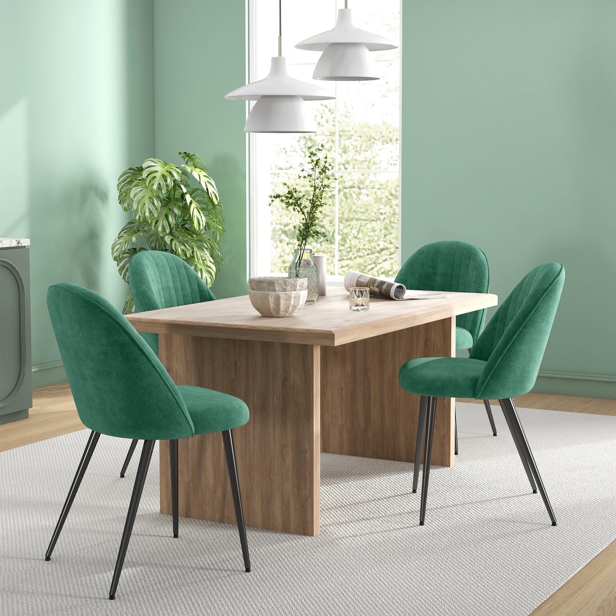 Set of 4 Modern Upholstered Chairs with Curved Backrest, Dining Chairs in Velvet Effect Fabric and Steel, 50x52x83 cm, Green