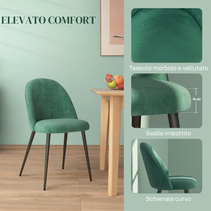 Set of 4 Modern Upholstered Chairs with Curved Backrest, Dining Chairs in Velvet Effect Fabric and Steel, 50x52x83 cm, Green